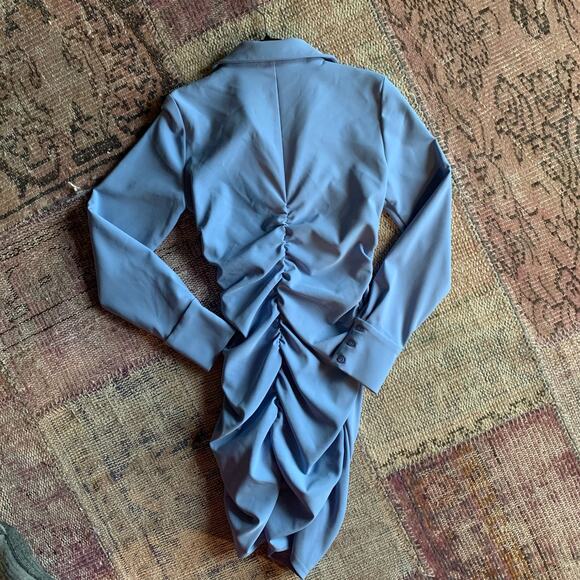 MEDIUM Zara Ruched Draped Fitted Full Button Up Down Blue Mini Shirt Dress - Picture 3 of 3